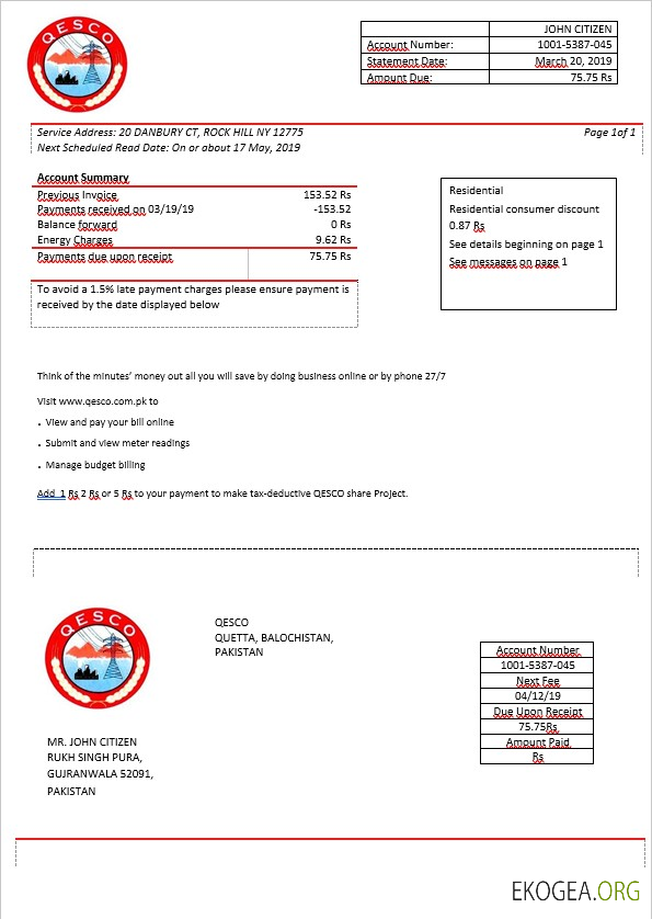 Pakistan Quetta electric supply company electricity bill in word format template